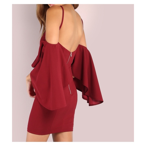 LAST ONE! Burgundy Red Bell Sleeve Bodycon Dress - Picture 3 of 5